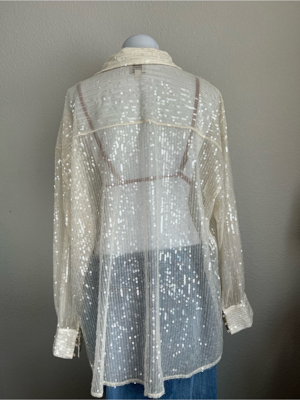 Jeannie Mai x INC Sequin Cream Sheer Button-Up Shirt - Picture 4 of 8
